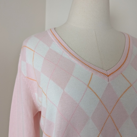 Tommy Hilfiger Argyle Sweater Long Sleeve T-shirt Pastel V-neck Preppy Orange - Picture 8 of 9
